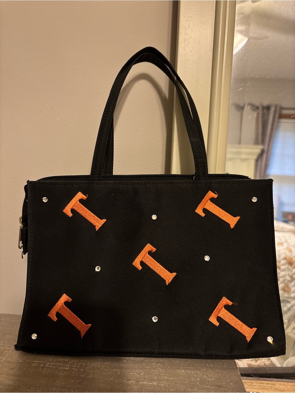 Tennessee logo Monogram Black Mini Tote Bag with Orange T  and diamond stud acce